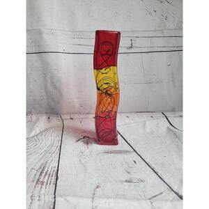 Hand painted STAINED GLASS Red Orange Yellow VASE Black Design VINTAGE READ